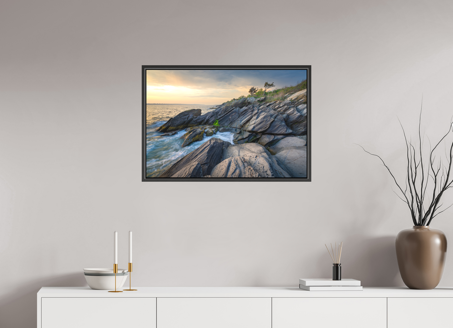 30 x 20″, Matte Canvas Print with Black Wood Floater Frame Sunset Glow at Beavertail