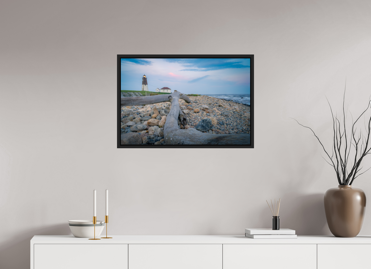 30 x 20″, Premium Photo Print under Acrylic Glass with Black Wood Floater Frame Driftwood at Pt. Judith Lighthouse