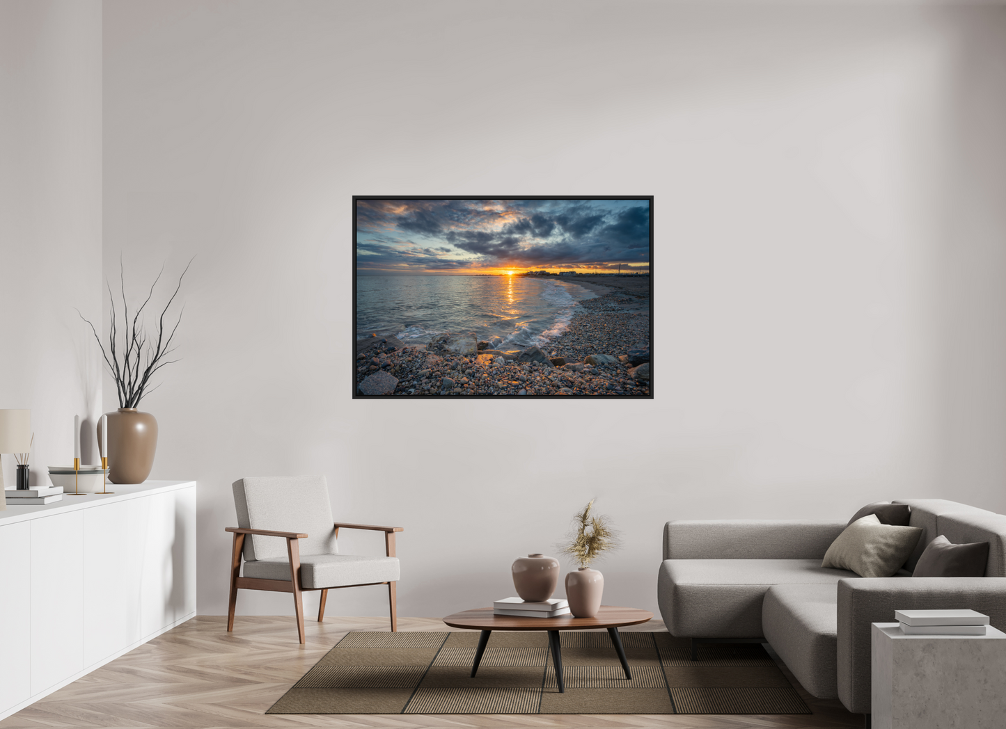 60 x 40″, Premium ChromaLuxe HD Aluminum Metal Print with Black Wood Floater Frame Roger Wheeler State Beach Sunset
