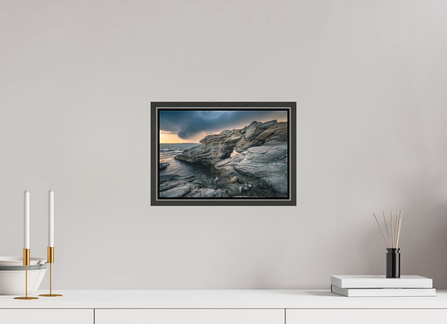 12 x 8″, Matte Canvas Print with Black Wood Floater Frame Thunderstorm Over Beavertail Arch