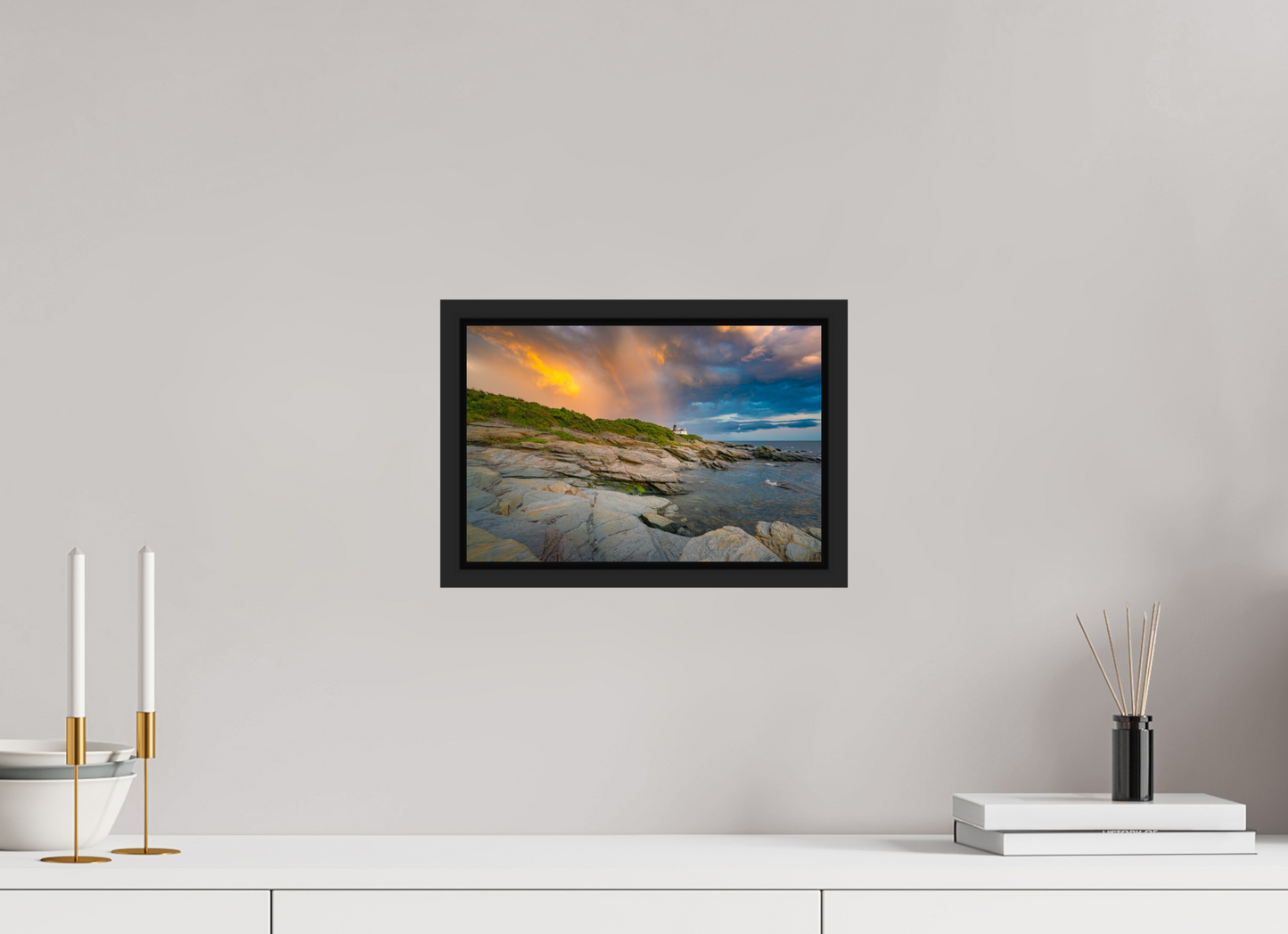 12 x 8″, Premium Photo Print under Acrylic Glass with Black Wood Floater Frame Rainbow Over Beavertail Lighthouse