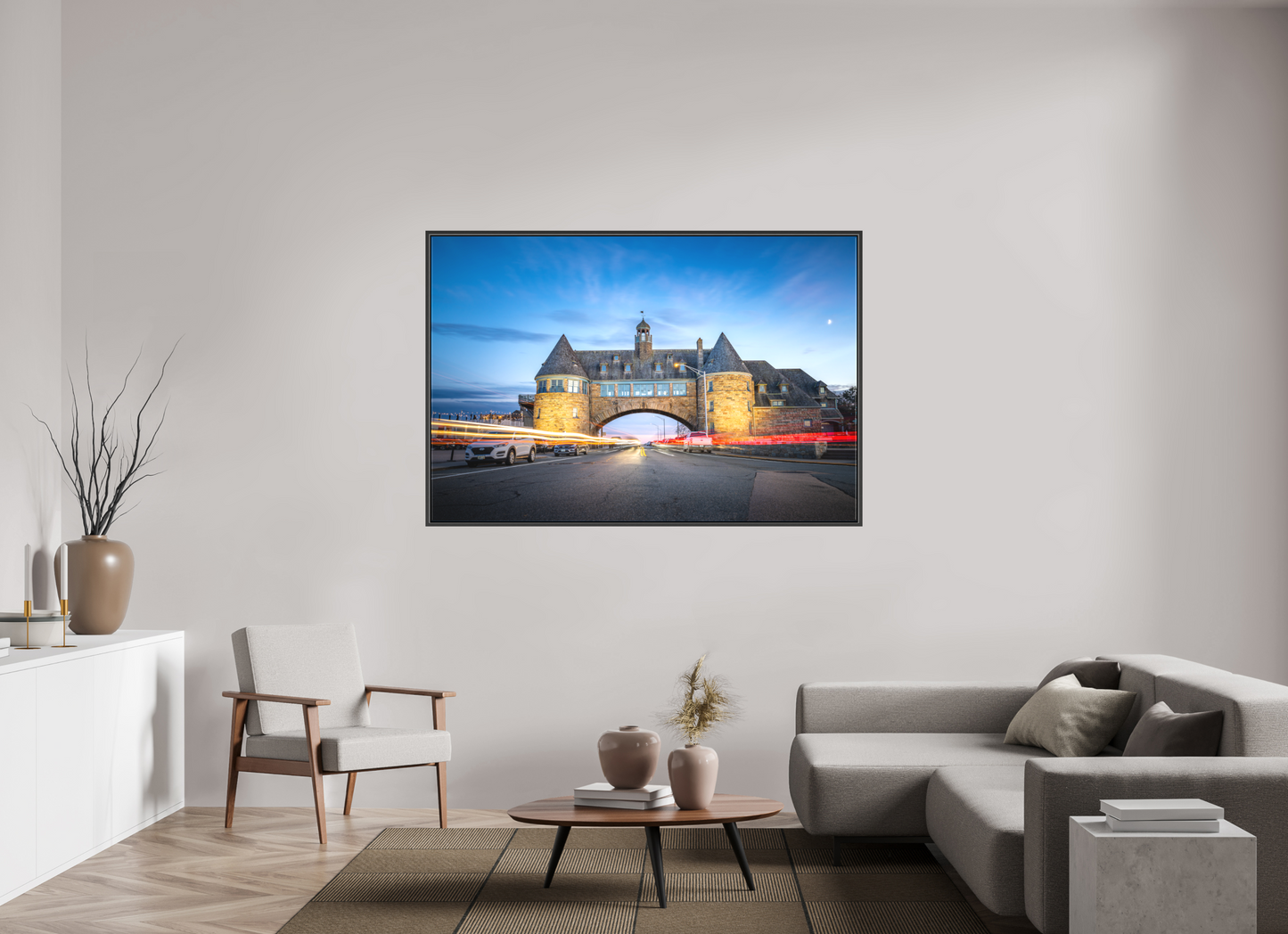66 x 44″, Matte Canvas Print with Black Wood Floater Frame Narragansett Towers and Light Trails