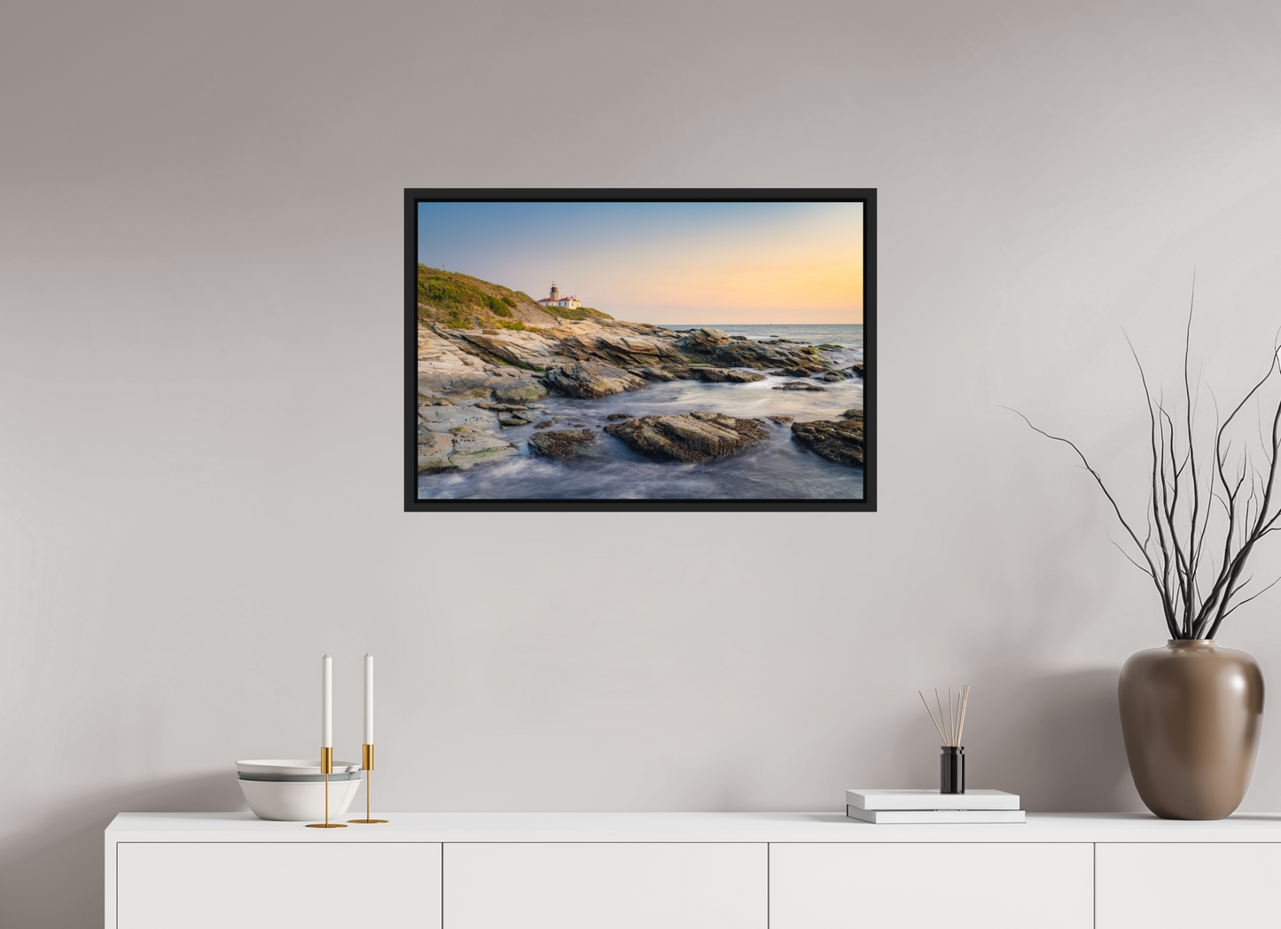 30 x 20″, Premium ChromaLuxe HD Aluminum Metal Print with Black Wood Floater Frame Quiet Sunset at Beavertail Lighthouse