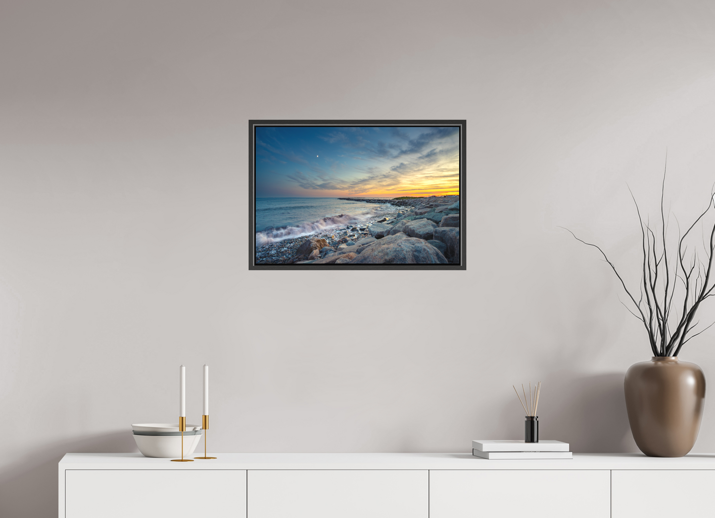 24 x 16″, Matte Canvas Print with Black Wood Floater Frame Sunset at Camp Cronin