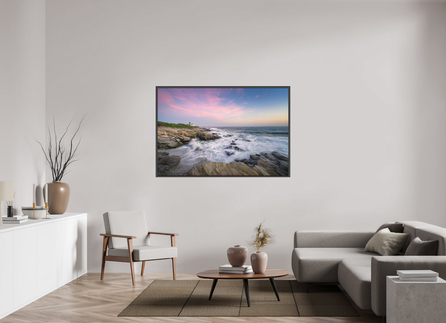 60 x 40″, Matte Canvas Print with Black Wood Floater Frame Rough Seas at Sunset