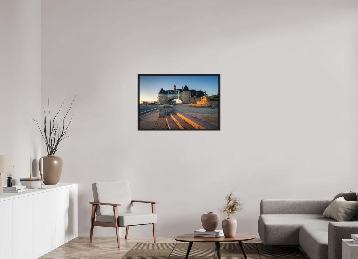 36 x 24″, Premium Photo Print under Acrylic Glass with Black Wood Floater Frame Golden Sunrise at The Towers