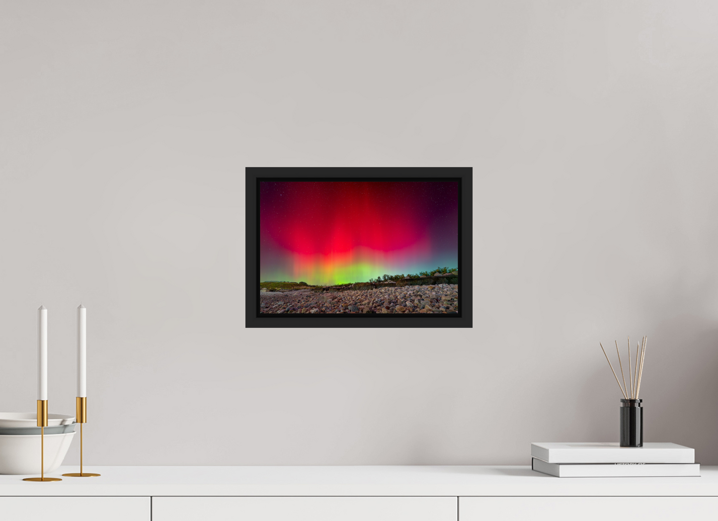 12 x 8″, Photo Print under Acrylic Glass with Black Wood Floater Frame Aurora Borealis at Camp Cronin