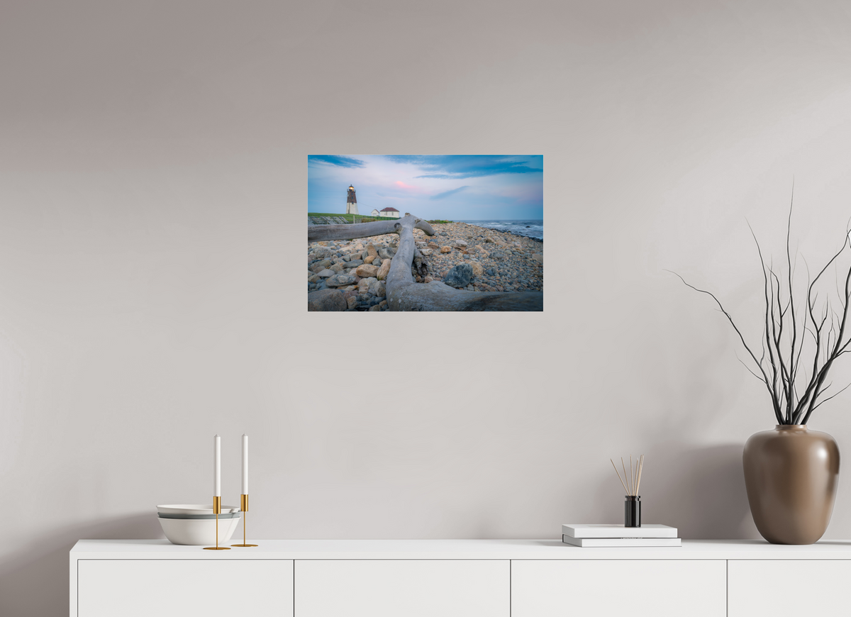 24 x 16″, Premium Photo Print under Acrylic Glass Driftwood at Pt. Judith Lighthouse