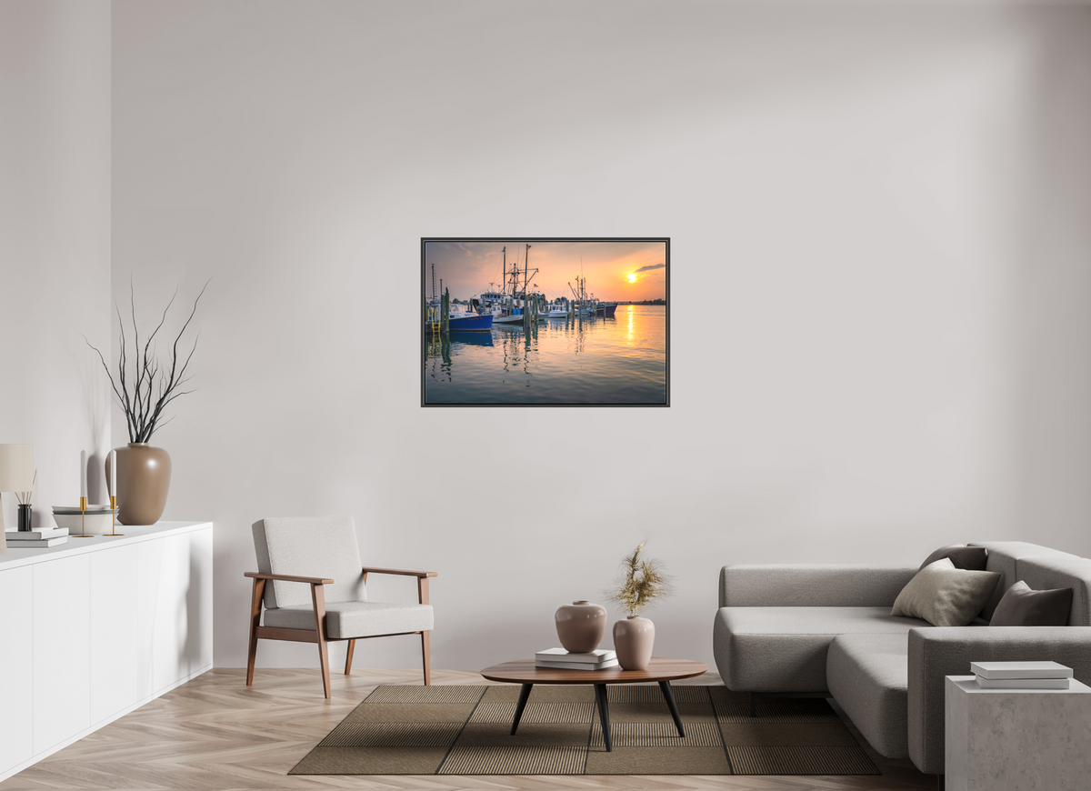 45 x 30″, Matte Canvas Print with Black Wood Floater Frame Boats at Sunset