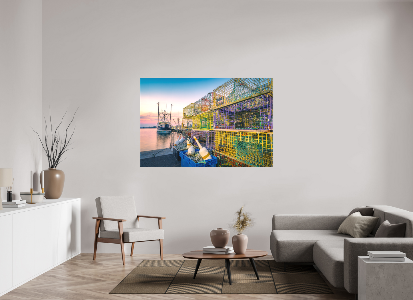 66 x 44″, Matte Canvas Print A Wall of Colorful Lobster Pots
