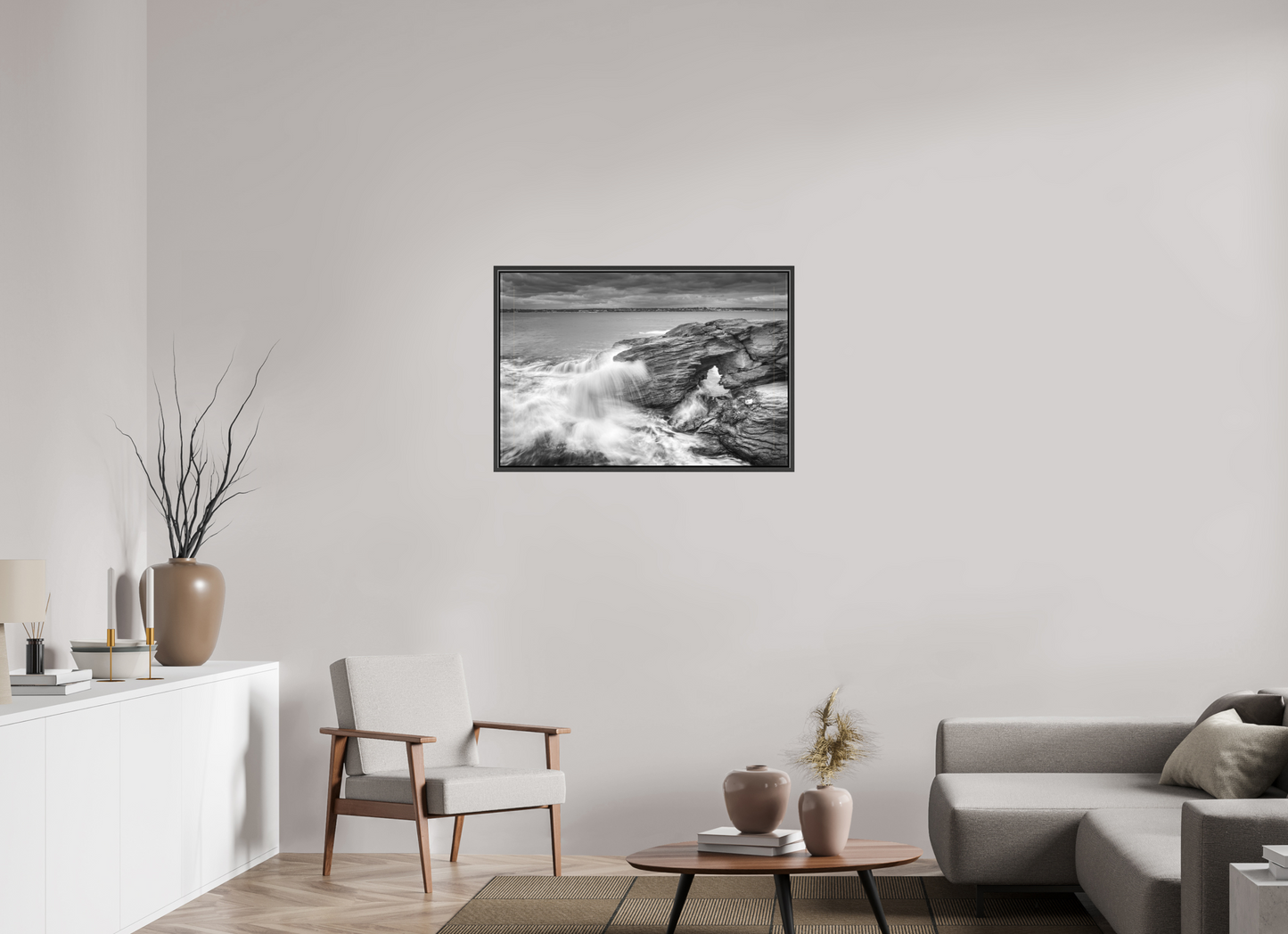 36 x 24″, Matte Canvas Print with Black Wood Floater Frame Waves Over Arches