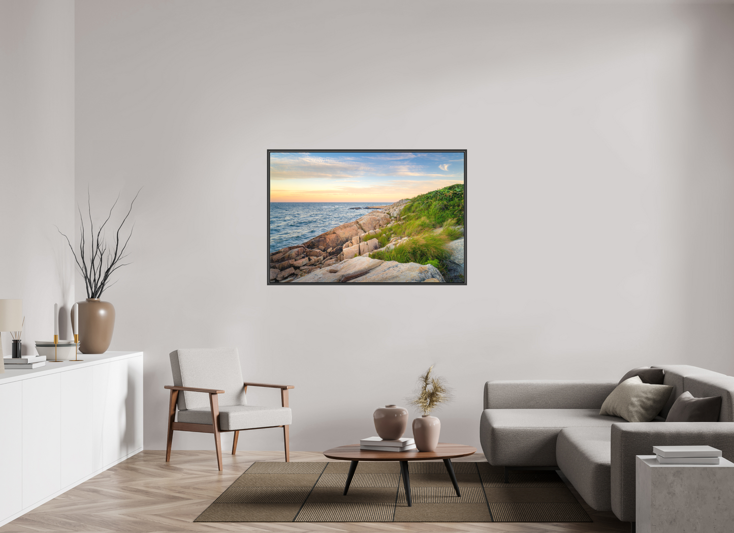 54 x 36″, Matte Canvas Print with Black Wood Floater Frame Black Point before Sunset