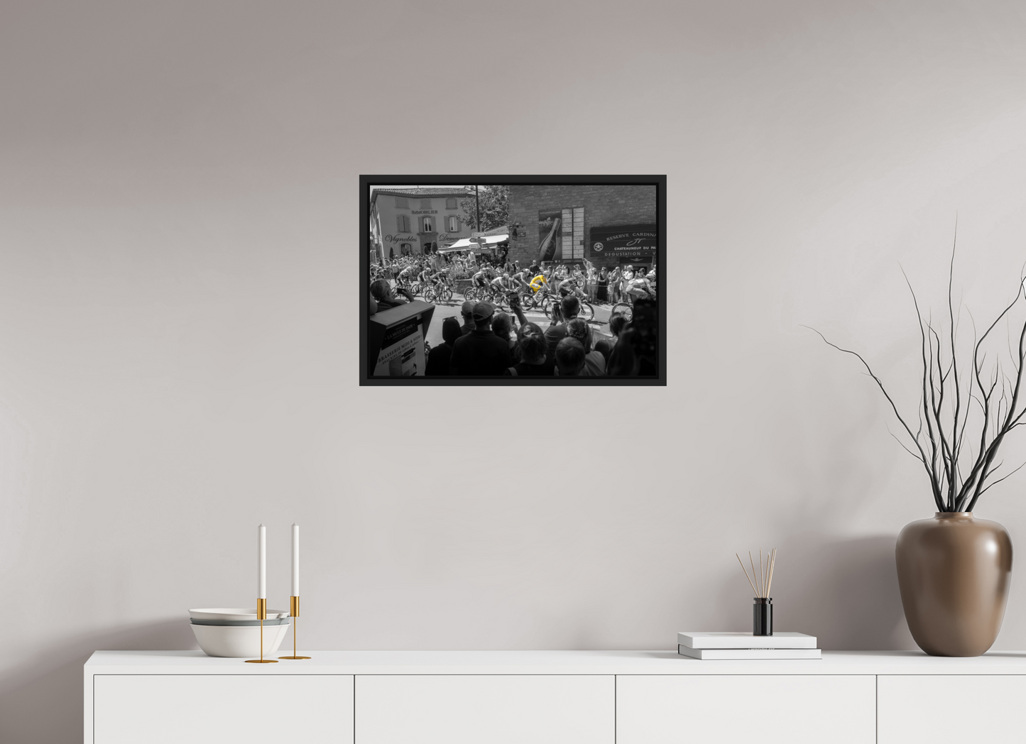 24 x 16″, Photo Print under Acrylic Glass with Black Wood Floater Frame Tour de France Leader Tadej Pogacar in the Yellow Jersey