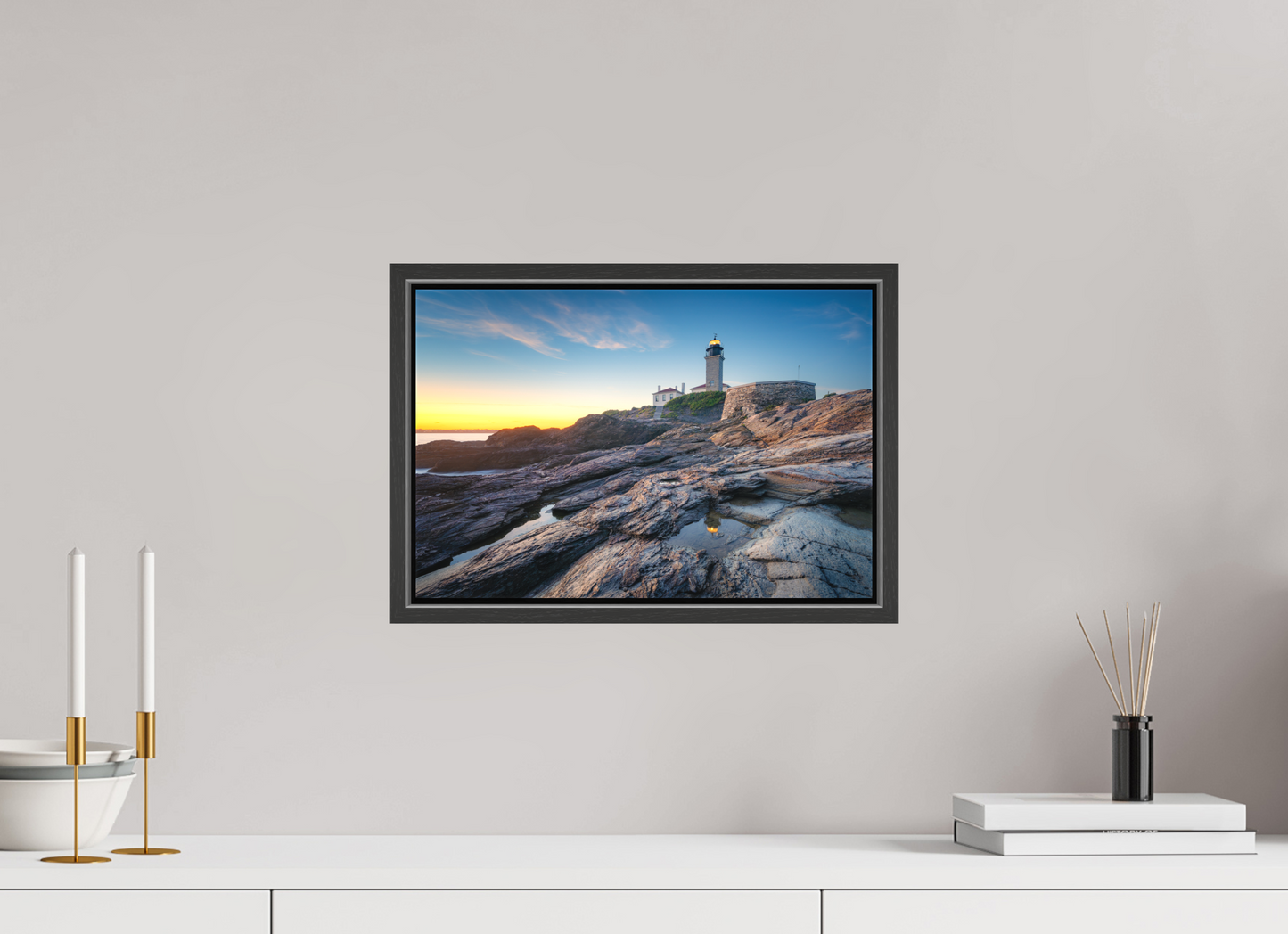 15 x 10″, Matte Canvas Print with Black Wood Floater Frame Beavertail Lighthouse Tide Pool Reflection