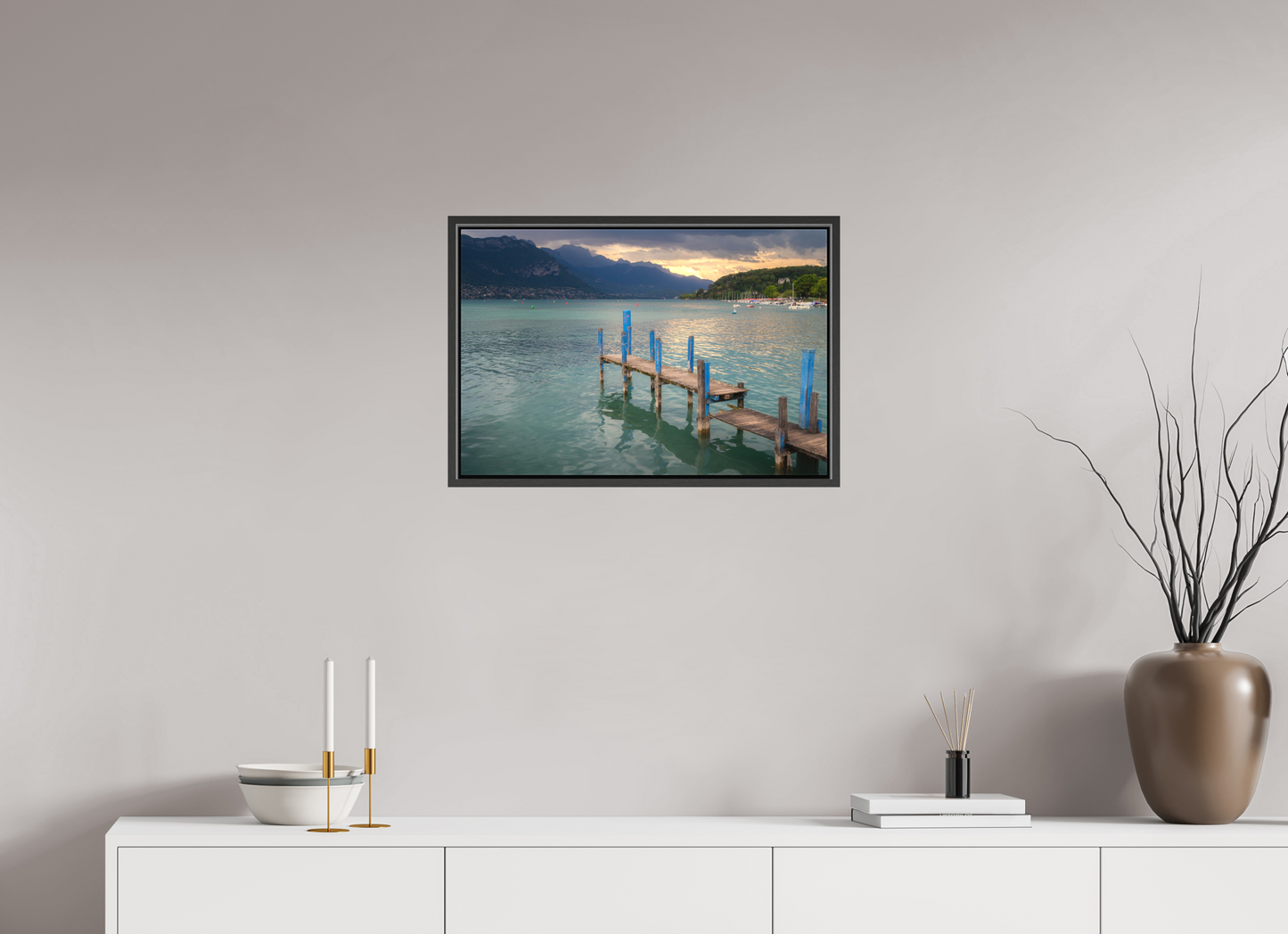 24 x 16″, Matte Canvas Print with Black Wood Floater Frame Thunderstorm over Lake Annecy