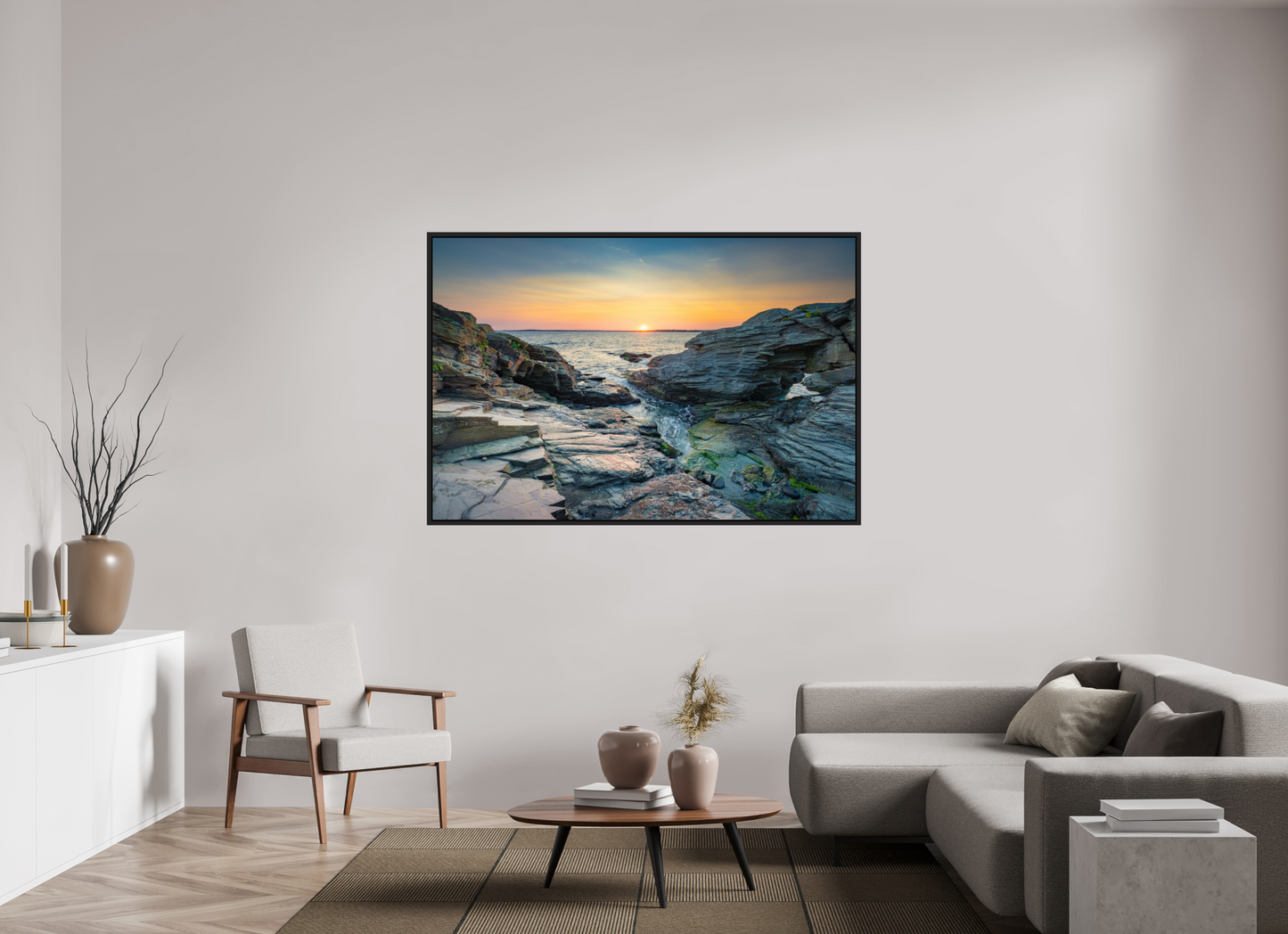 66 x 44″, Photo Print Under Acrylic Glass with Black Wood Floater Frame Sun on the Horizon