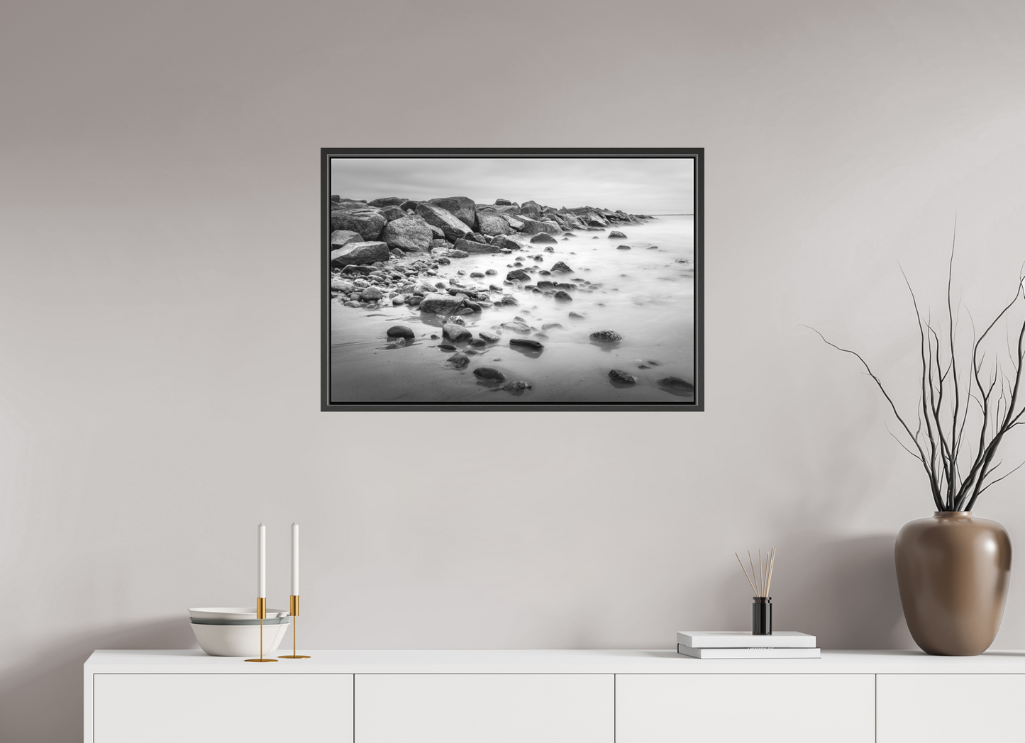30 x 20″, Matte Canvas Print with Black Wood Floater Frame Overcast Morning at Sand Hill Cove