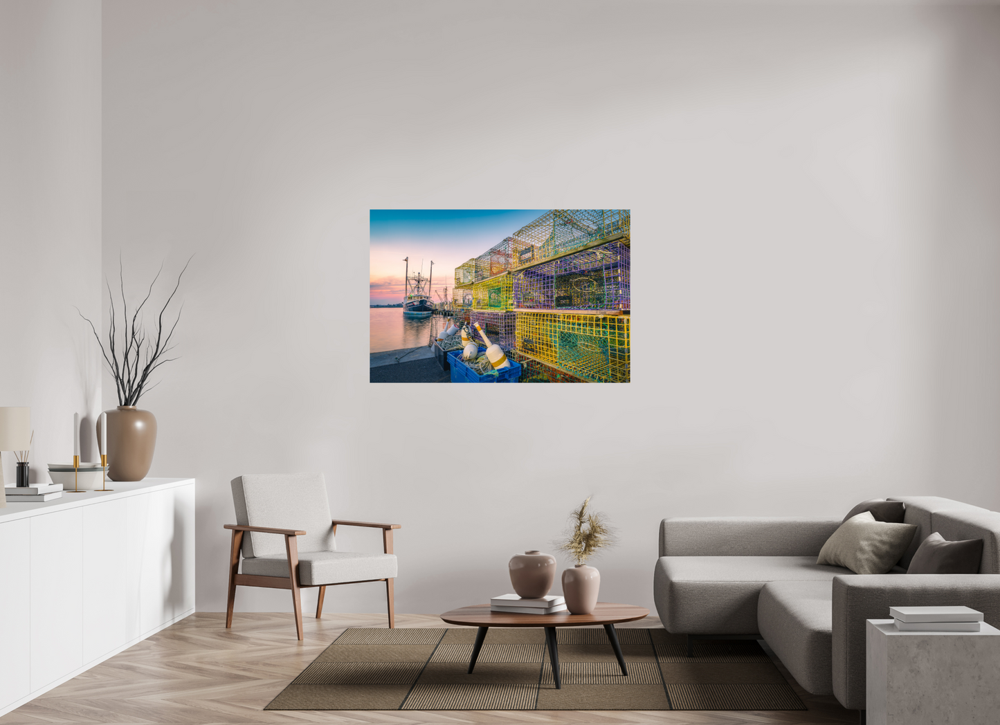 54 x 36″, Premium Metallic Effect Photo Print on Fuji Crystal Pearl Paper A Wall of Colorful Lobster Pots