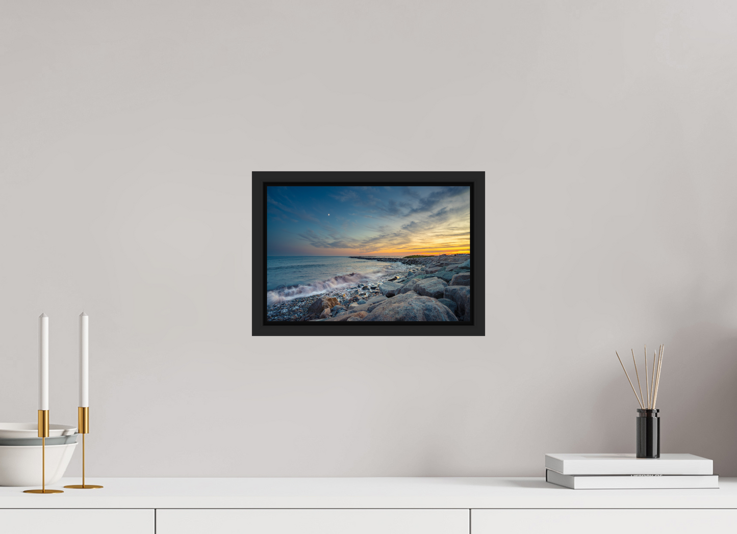 12 x 8″, Photo Print under Acrylic Glass with Black Wood Floater Frame Sunset at Camp Cronin