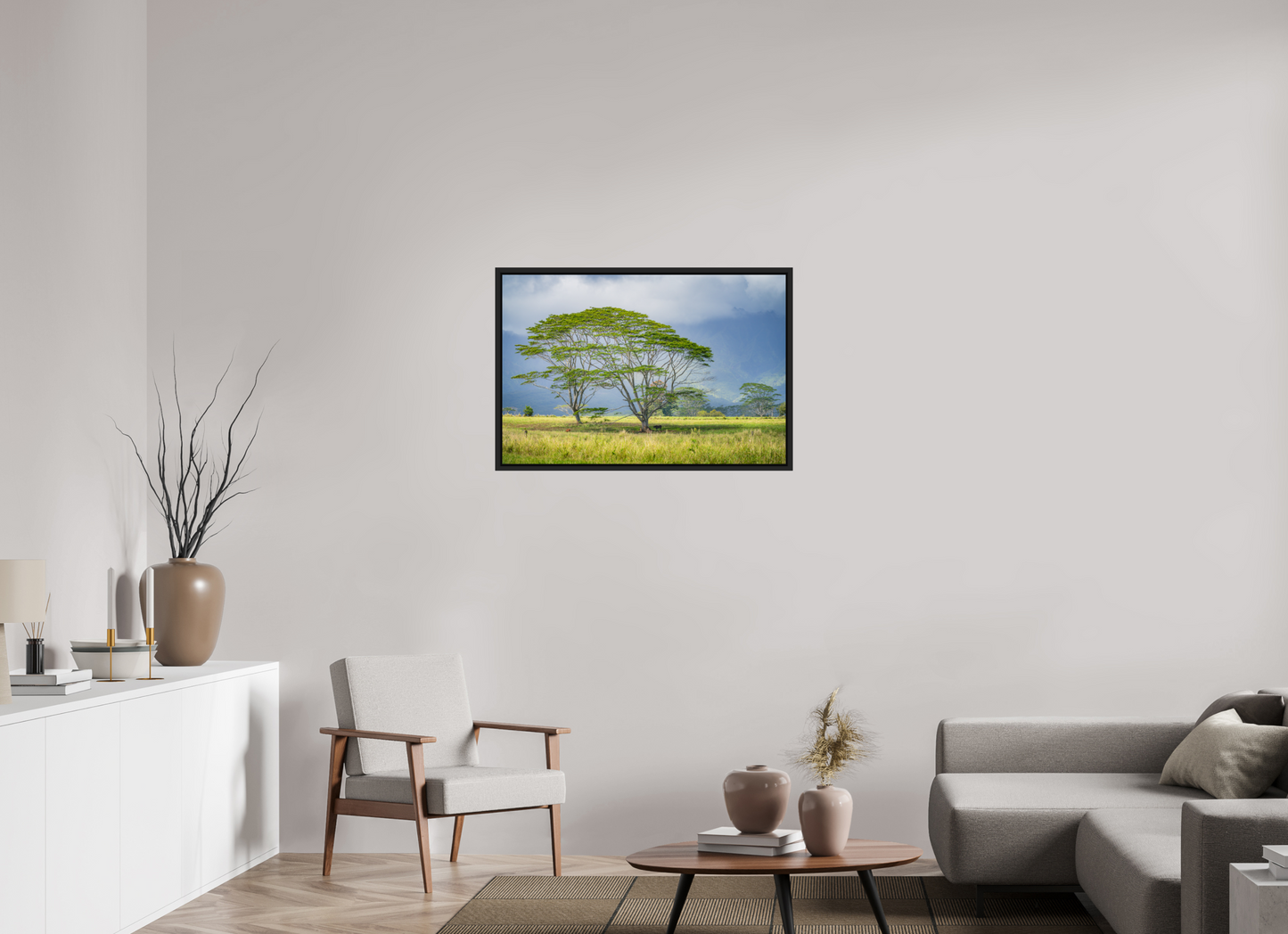 36 x 24″, ChromaLuxe HD Metal Print with Black Wood Floater Frame Savanna Trees of Kauai