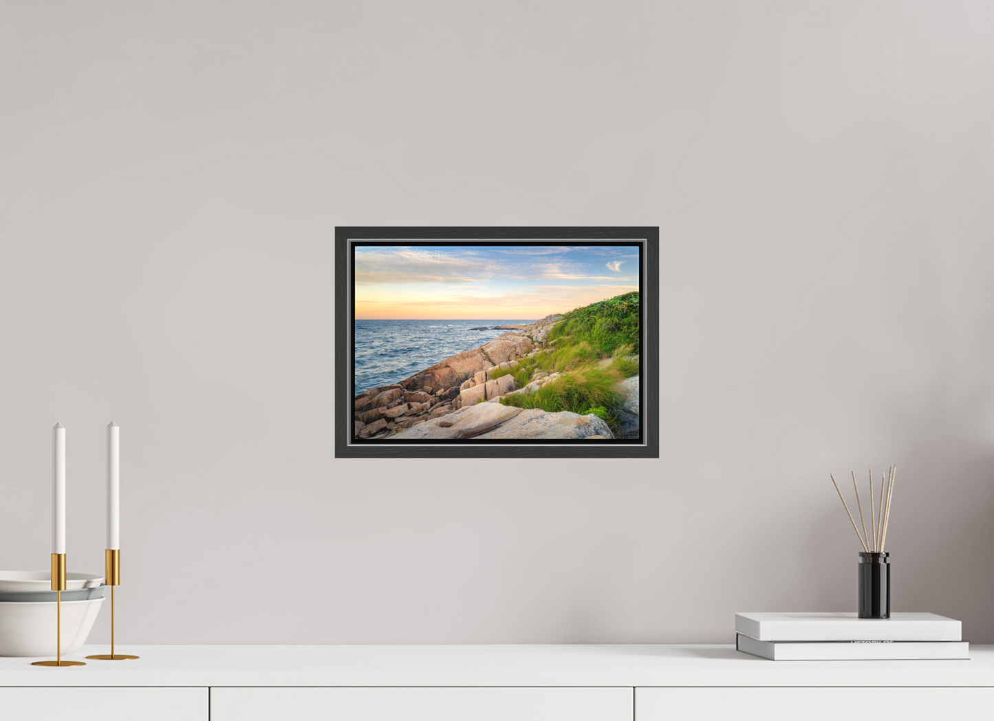 12 x 8″, Matte Canvas Print with Black Wood Floater Frame Black Point before Sunset