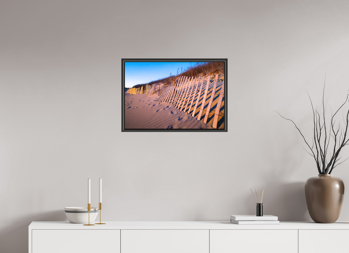 24 x 16″, Matte Canvas Print with Black Wood Floater Frame Sunset Glow on Sand Hill Cove Dunes