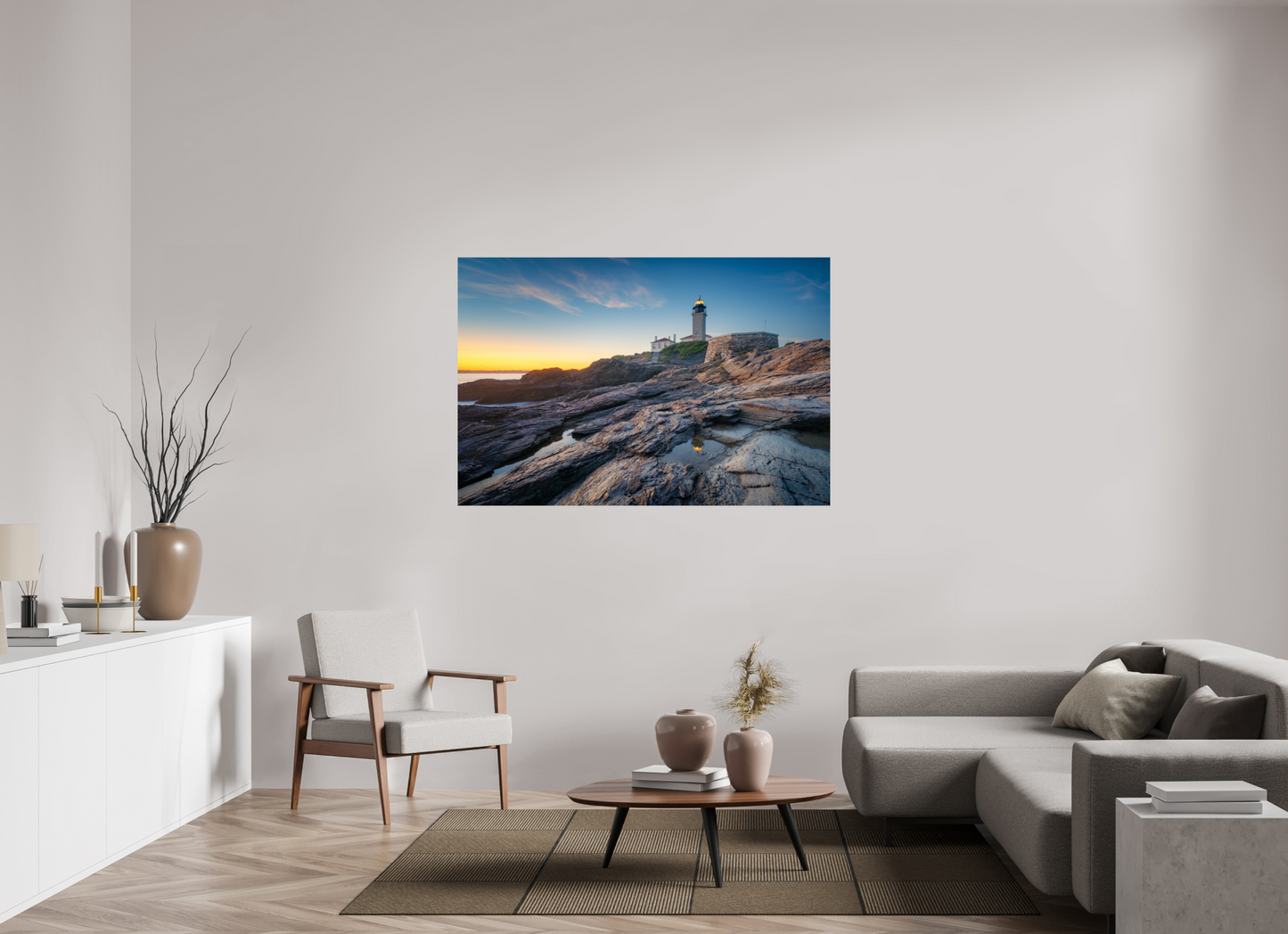 60 x 40″, Premium Photo Print on Fujiflex High Gloss Paper Beavertail Lighthouse Tide Pool Reflection