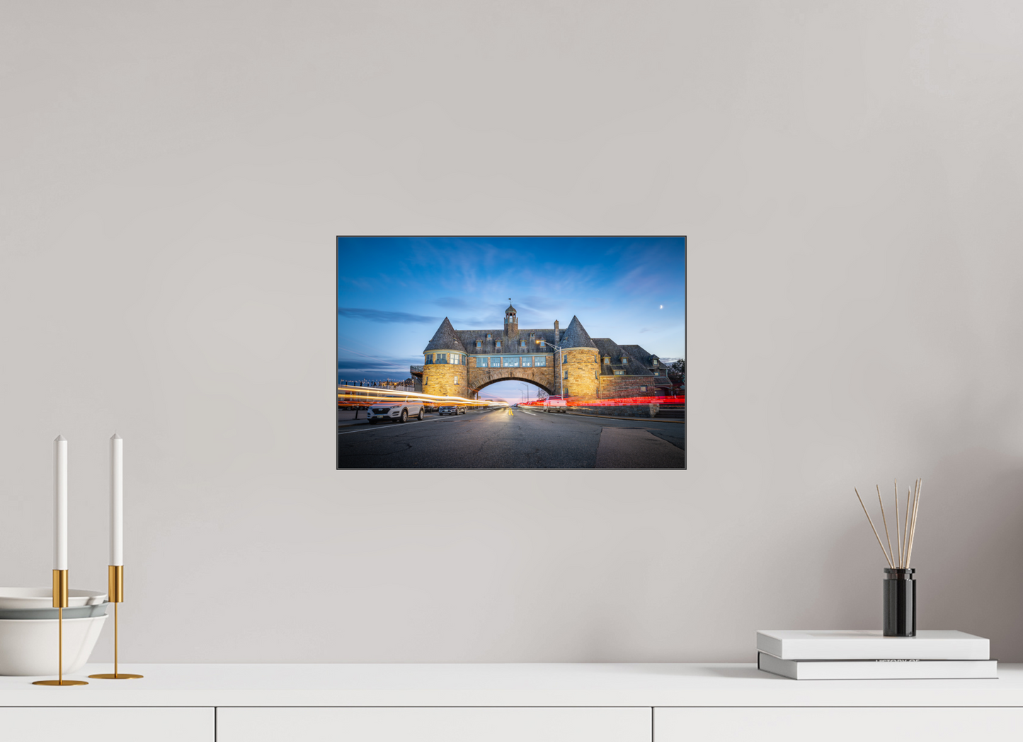 15 x 10″, Photo Print under Acrylic Glass with Black Slimline Case Narragansett Towers and Light Trails