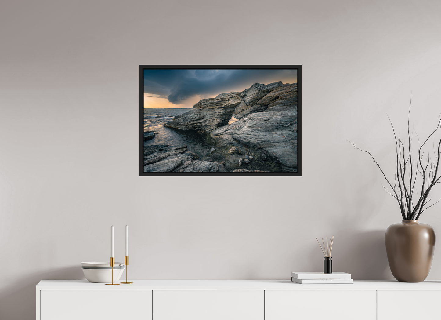 30 x 20″, Premium Photo Print under Acrylic Glass with Black Wood Floater Frame Thunderstorm Over Beavertail Arch
