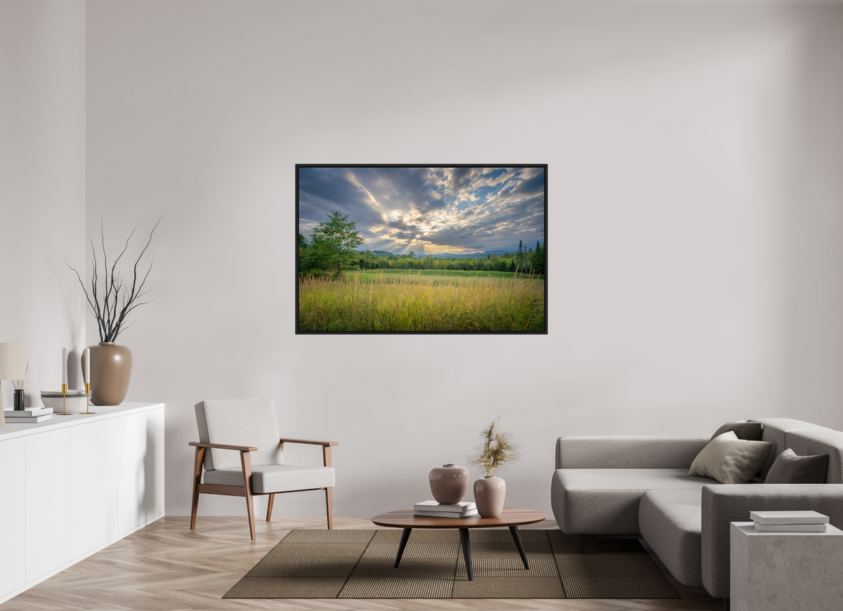 60 x 40″, Premium Photo Print under Acrylic Glass with Black Wood Floater Frame Mountain Sun Rays