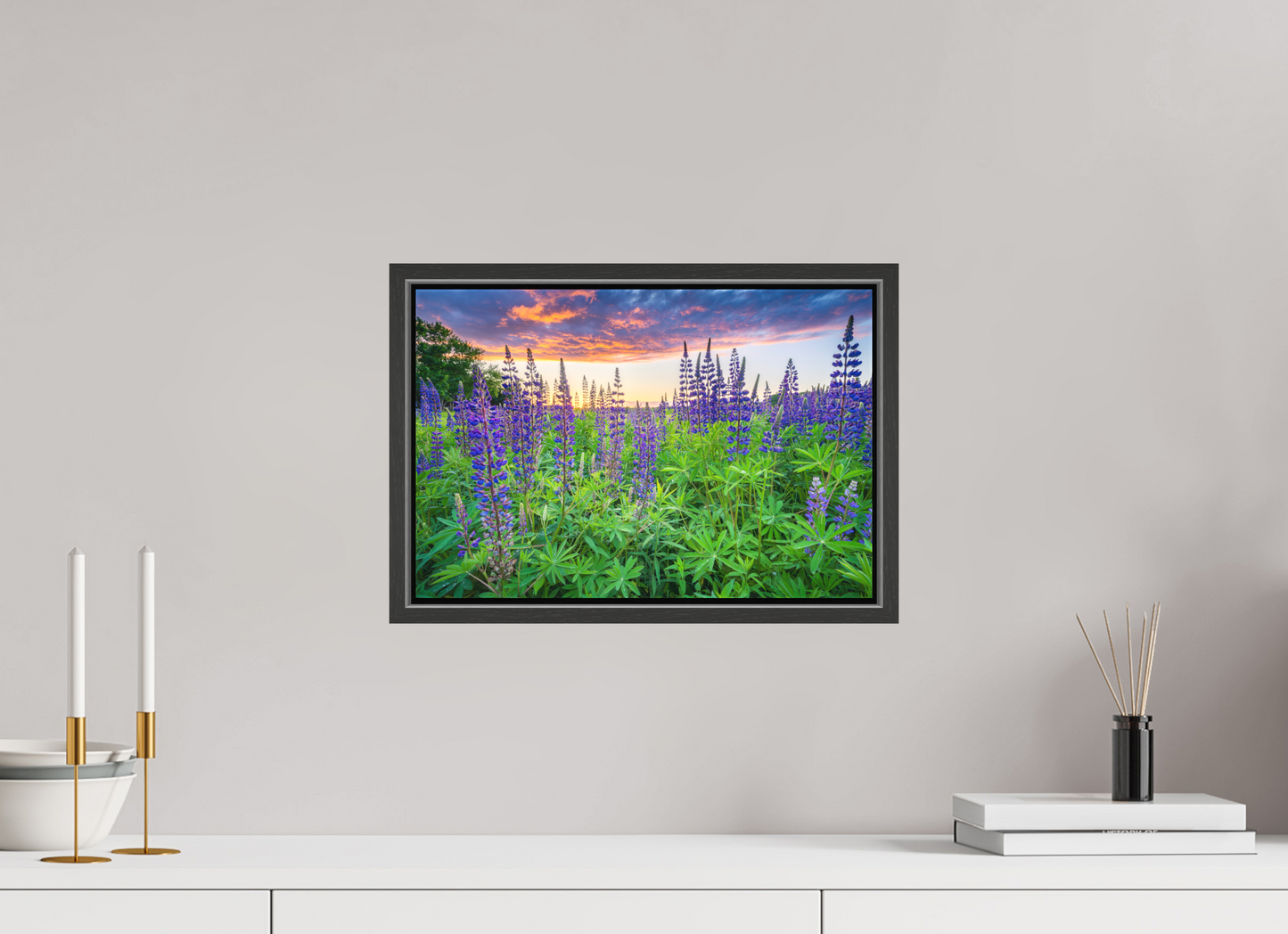 15 x 10″, Matte Canvas Print with Black Wood Floater Frame Lupine Sunset