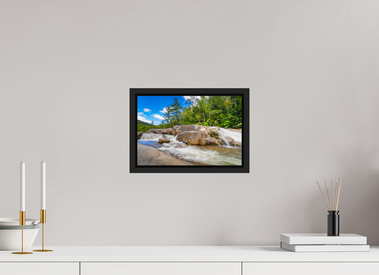 12 x 8″, Photo Print under Acrylic Glass with Black Wood Floater Frame Kancamagus Waterfall