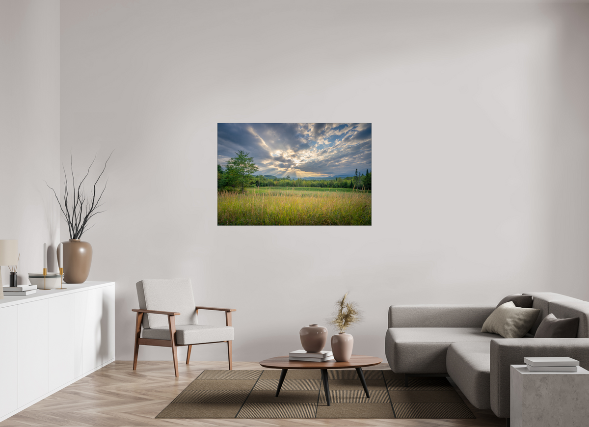 54 x 36″, Premium Photo Print under Acrylic Glass with Black Slimline Case Mountain Sun Rays