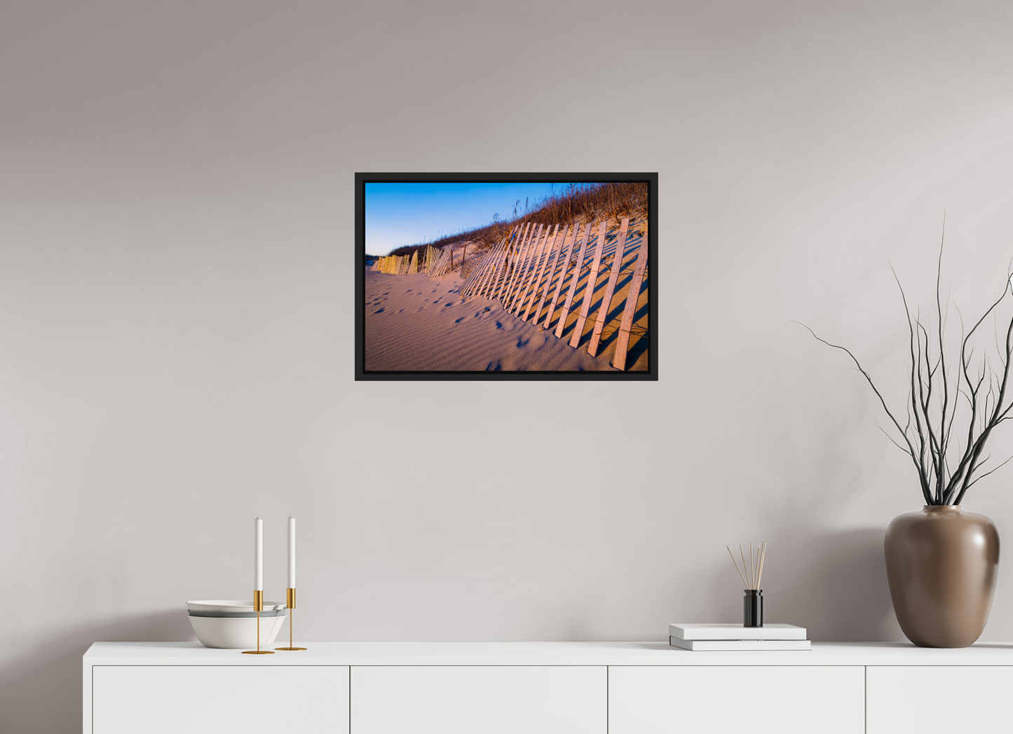 24 x 16″, Photo Print under Acrylic Glass with Black Wood Floater Frame Sunset Glow on Sand Hill Cove Dunes