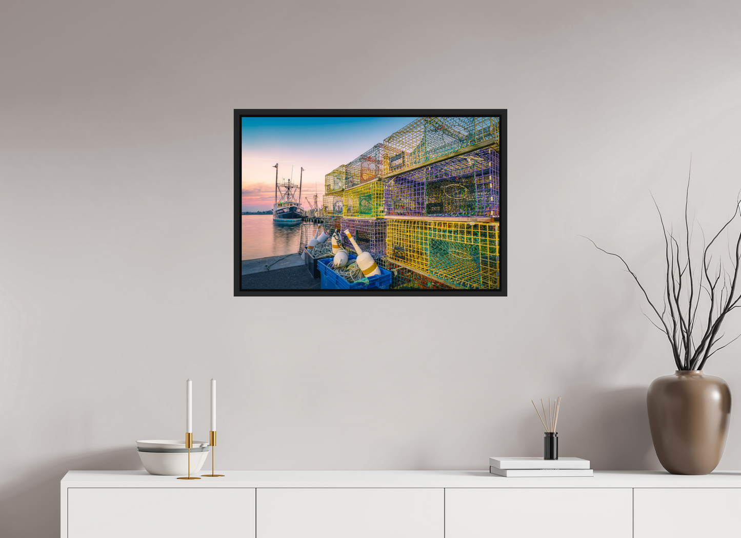 30 x 20″, Premium ChromaLuxe HD Aluminum Metal Print with Black Wood Floater Frame A Wall of Colorful Lobster Pots