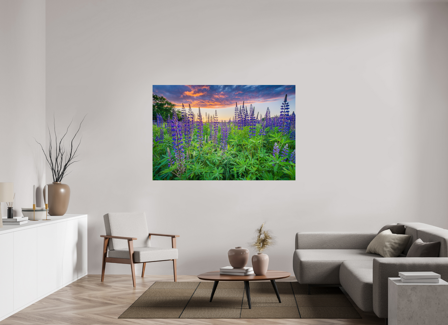 66 x 44″, Premium ChromaLuxe HD Aluminum Metal Print Lupine Sunset