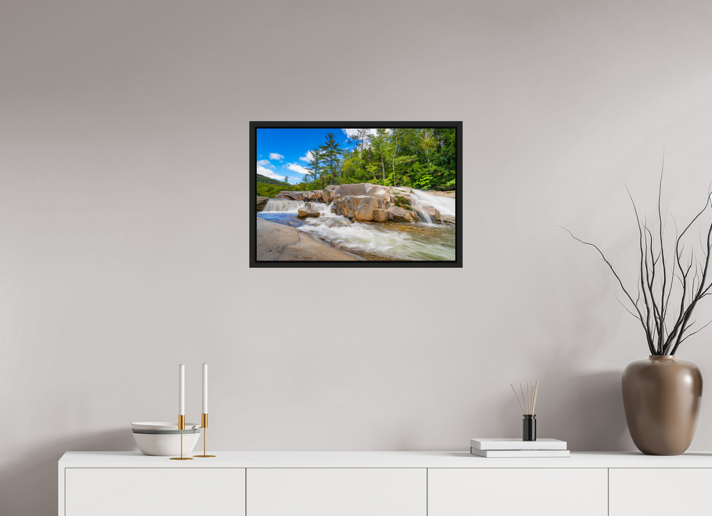 24 x 16″, Photo Print under Acrylic Glass with Black Wood Floater Frame Kancamagus Waterfall