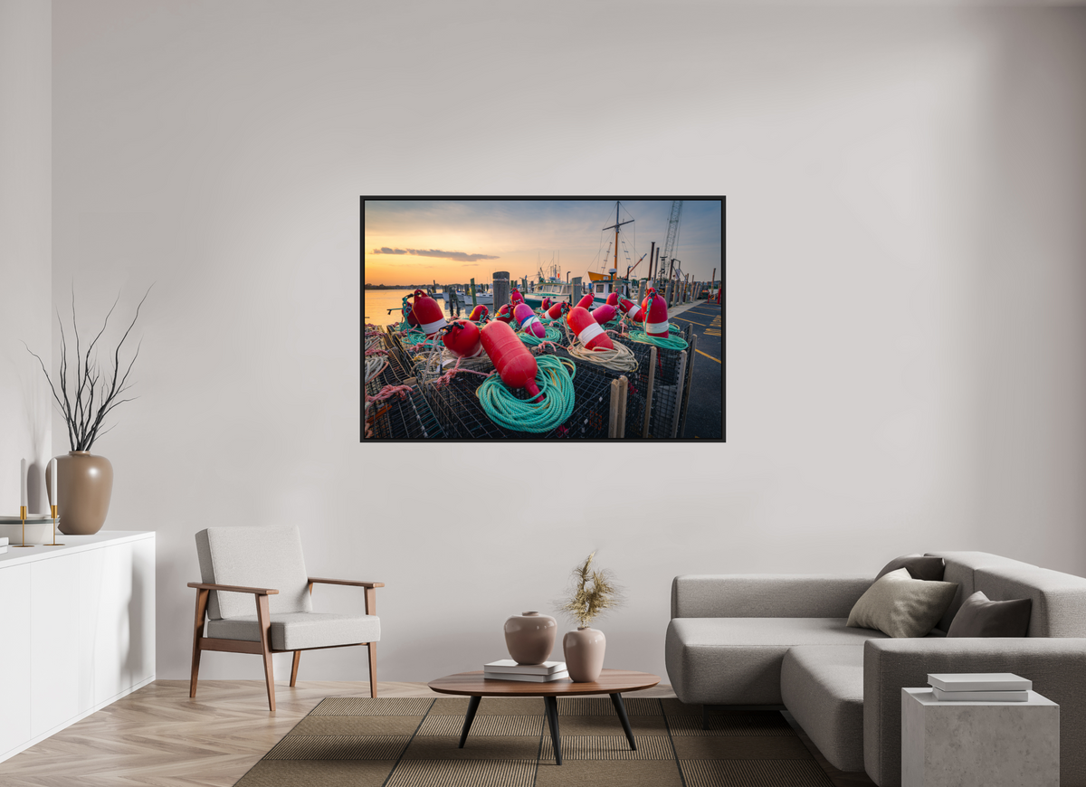 66 x 44″, Premium Photo Print under Acrylic Glass with Black Wood Floater Frame Buoys, Boats, and Lobster Pots