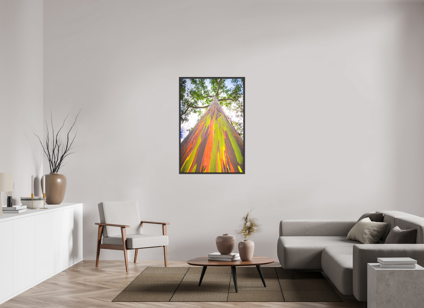 30 x 45″, Matte Canvas Print with Black Wood Floater Frame Rainbow Eucalyptus Tree