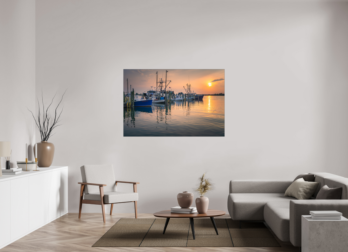 60 x 40″, Premium Photo Print under Acrylic Glass with Black Slimline Case Boats at Sunset