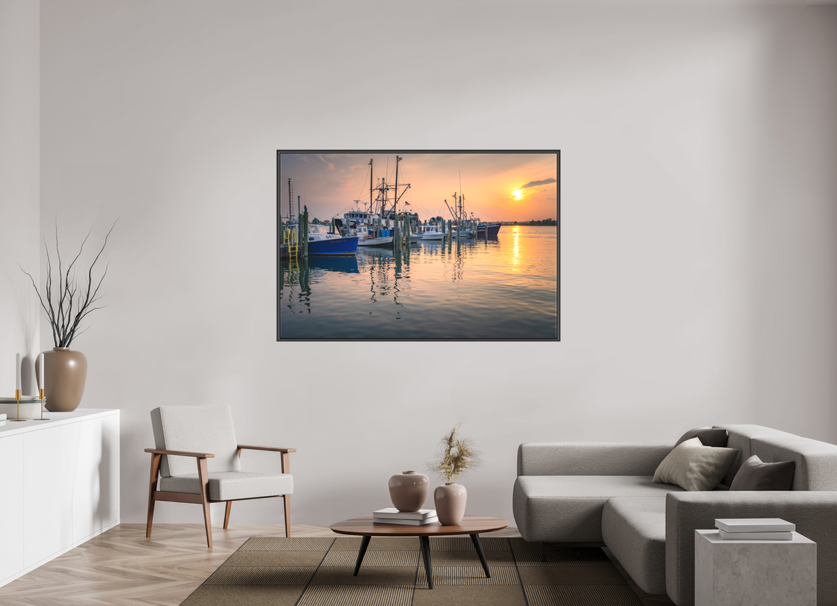 66 x 44″, Matte Canvas Print with Black Wood Floater Frame Boats at Sunset