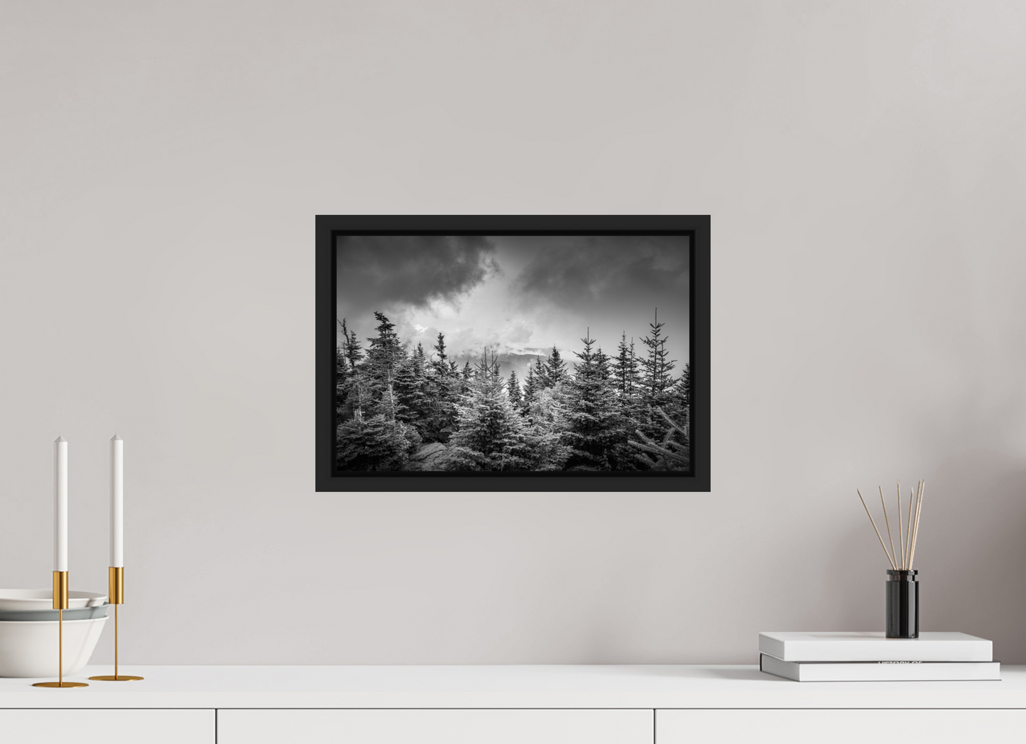 15 x 10″, Photo Print under Acrylic Glass with Black Wood Floater Frame Pines in Mountain Clouds