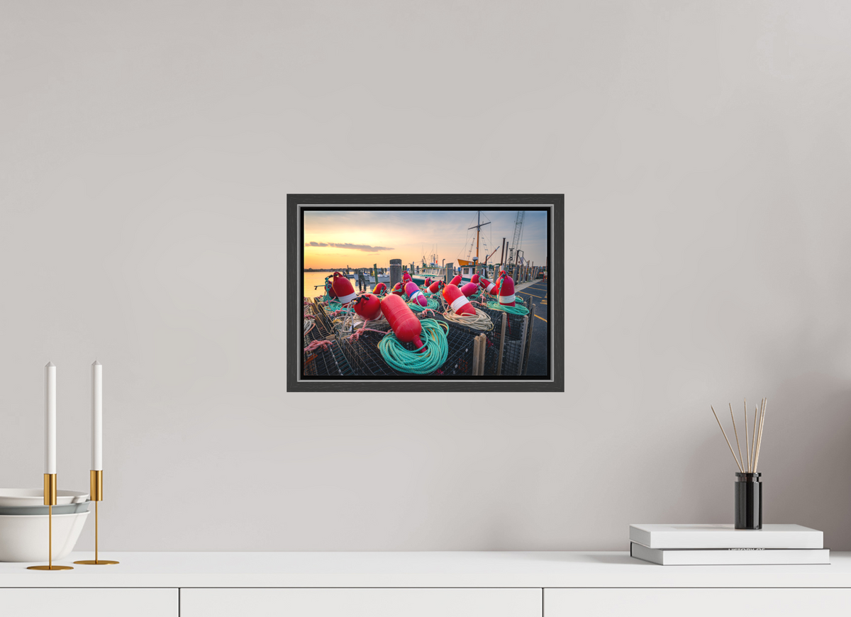 12 x 8″, Matte Canvas Print with Black Wood Floater Frame Buoys, Boats, and Lobster Pots