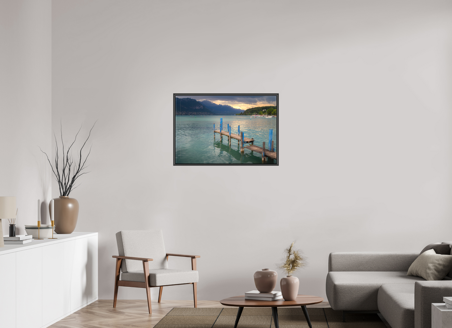 36 x 24″, Matte Canvas Print with Black Wood Floater Frame Thunderstorm over Lake Annecy