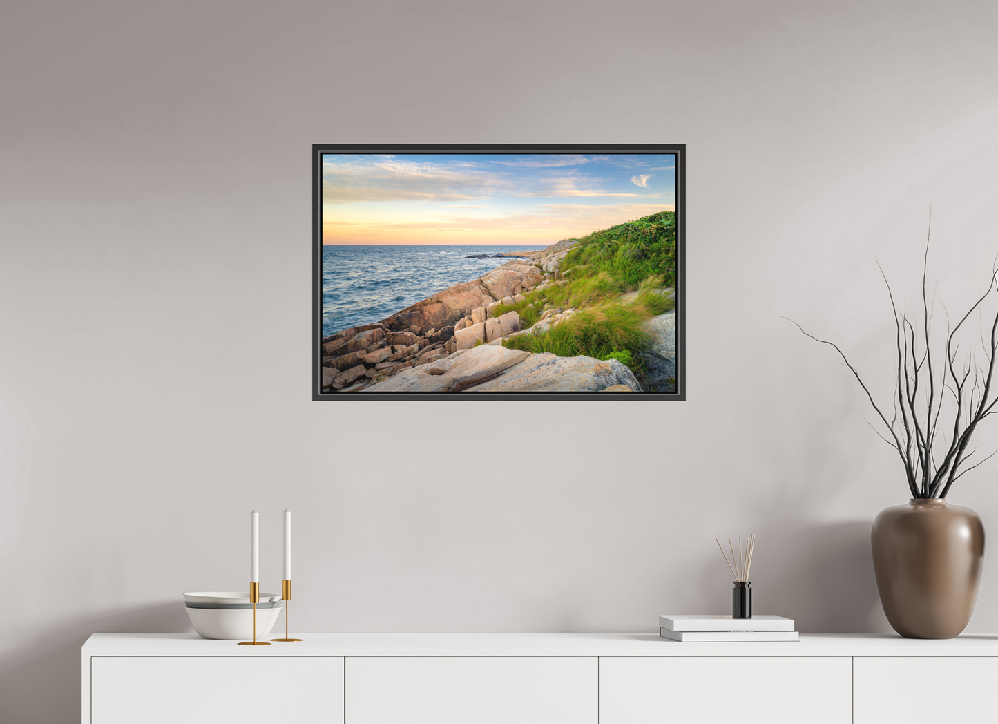 30 x 20″, Matte Canvas Print with Black Wood Floater Frame Black Point before Sunset
