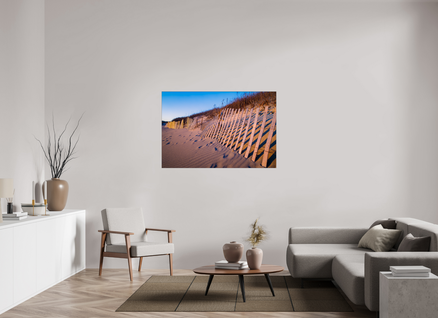 54 x 36″, Photo Print under Acrylic Glass with Black Slimline Case Sunset Glow on Sand Hill Cove Dunes