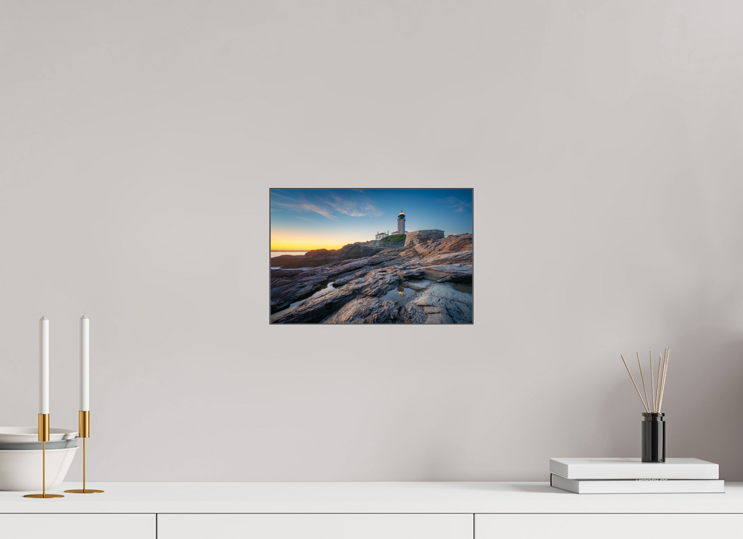 12 x 8″, Premium Photo Print under Acrylic Glass with Black Slimline Case Beavertail Lighthouse Tide Pool Reflection