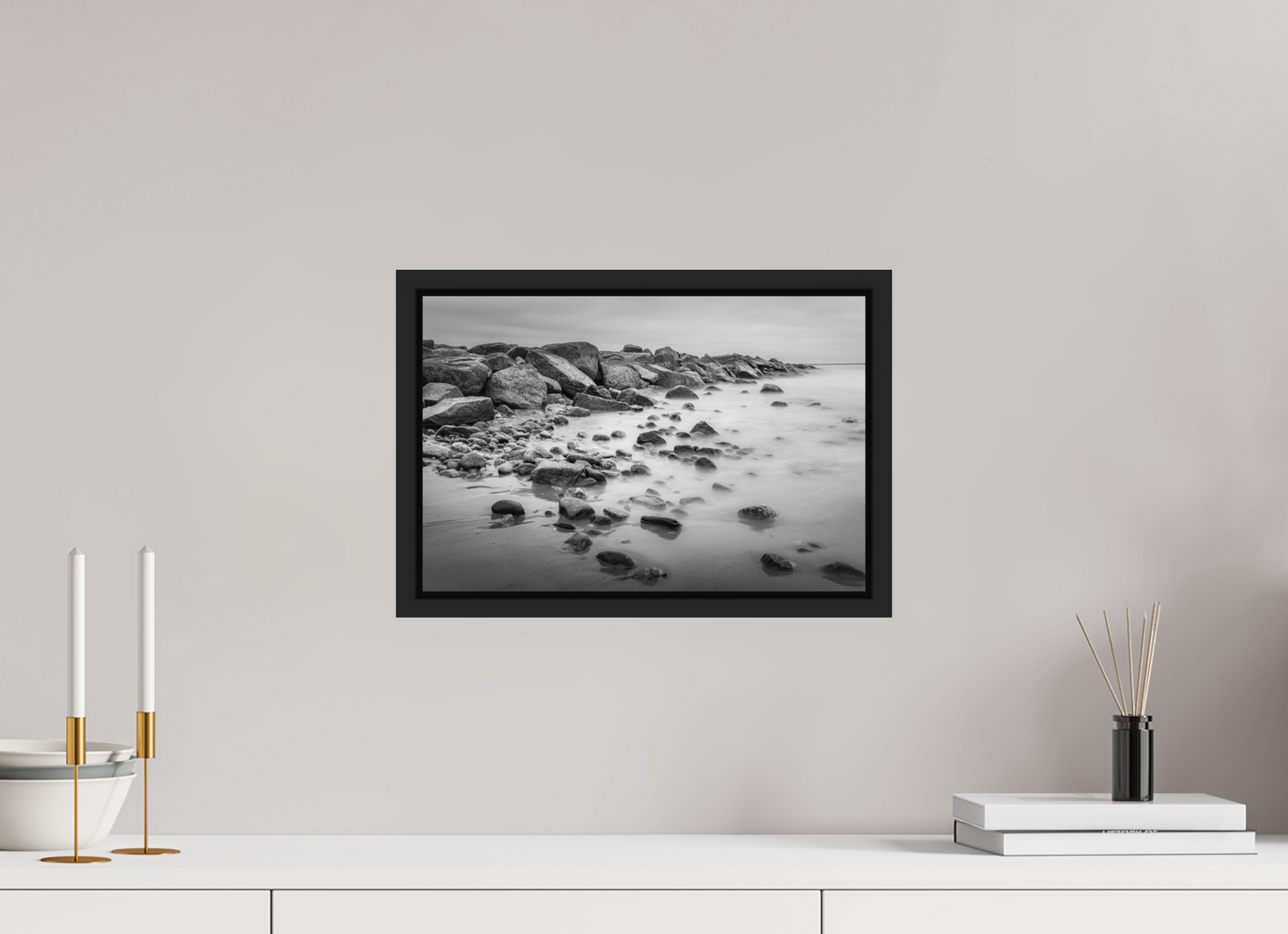 15 x 10″, Photo Print under Acrylic Glass with Black Wood Floater Frame Overcast Morning at Sand Hill Cove