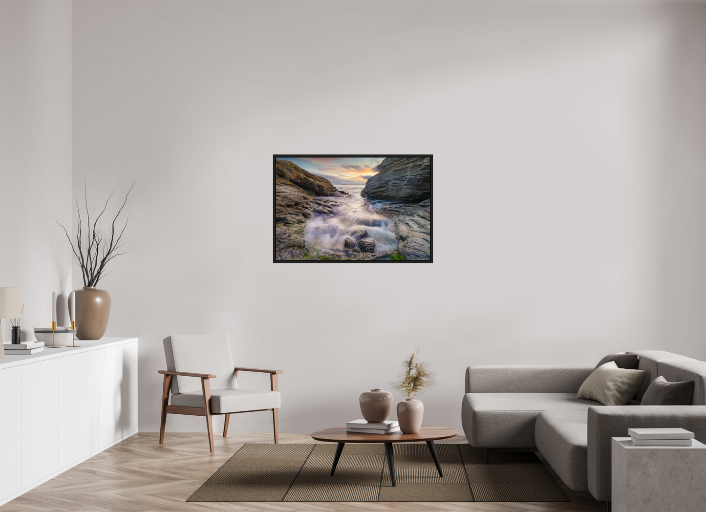 45 x 30″, Photo Print Under Acrylic Glass with Black Wood Floater Frame Waves Approaching