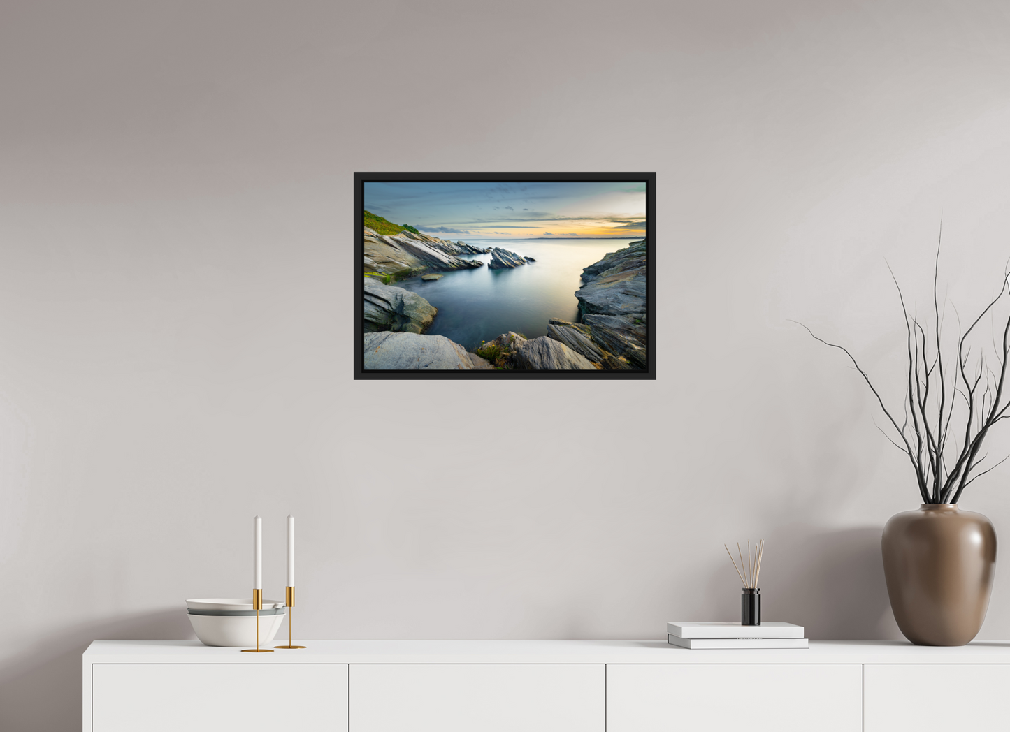 24 x 16″, Photo Print Under Acrylic Glass with Black Wood Floater Frame Sunset and Solitude
